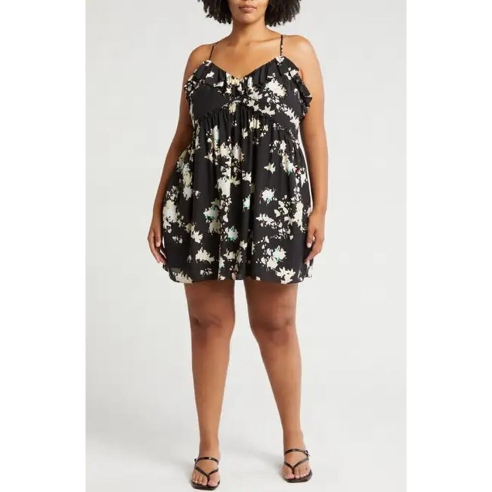 Joie Lilli Floral Silk Mini Ruffle Dress Black 1X